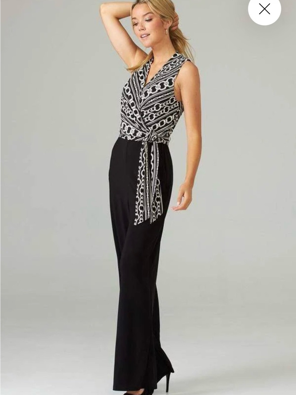 Joseph Ribkoff Black and Vanilla Chain-Print Wide-Leg Pantsuit
